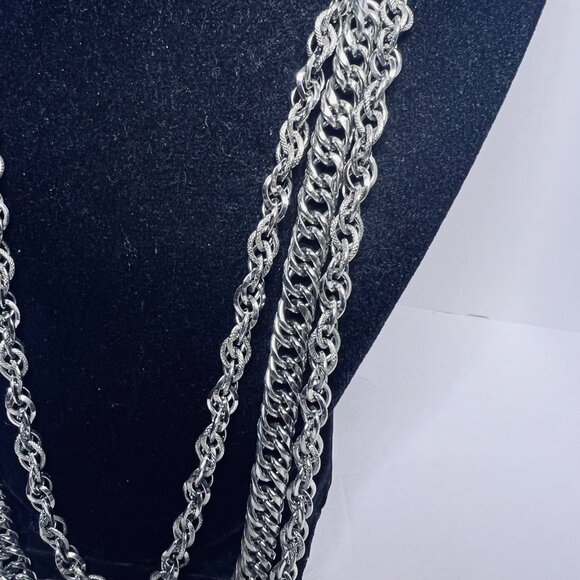 TAN Silver Tone Chunky Triple Strand Necklace With Flower Hook Clasp (5635) - Picture 3 of 7